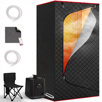 1-Person Portable Steam Sauna Box with 3L/1200W Steamer, 99-Min Timer & 15 Power Levels, XL Foldable and Remote Control, Detox Spa for Relaxation, Black