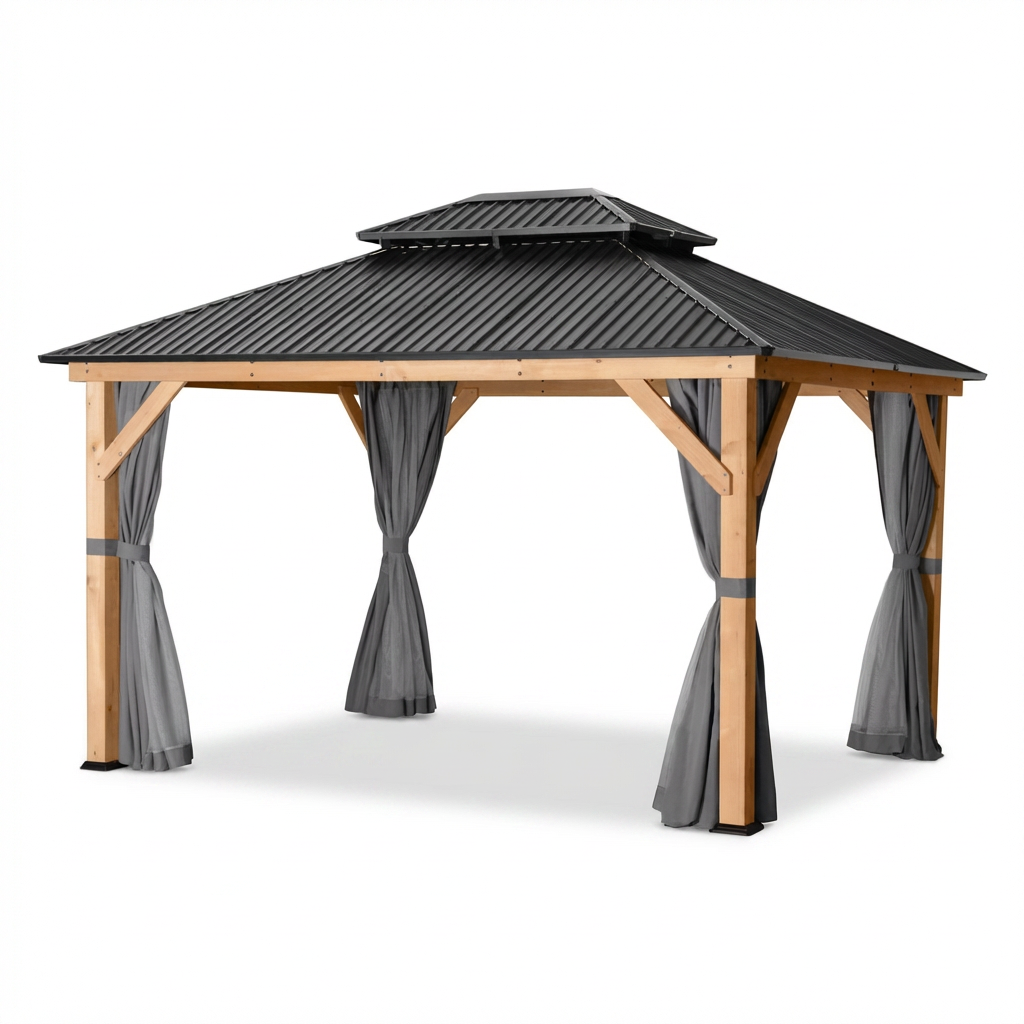 11 Ft. X 13 Ft. Double Roof Hardtop Wooden Patio Gazebo with Netting and Gray Curtains — Studio Shot