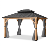 11 Ft. X 13 Ft. Double Roof Hardtop Wooden Patio Gazebo with Netting and Gray Curtains — Studio Shot