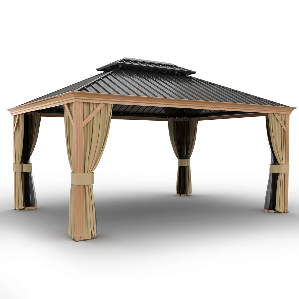 12 Ft. X 16 Ft. Double Roof Hardtop Wood Grain Aluminum Patio Gazebo with Netting and Khaki Curtains — Studio Shot