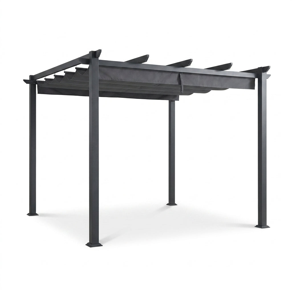 16 Ft. W X 12 Ft. D Aluminum Pergola Outdoor with Dark Gray Retractable Canopy — Studio Shot
