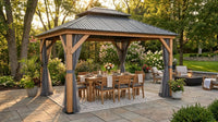 11 Ft. X 13 Ft. Double Roof Hardtop Wooden Patio Gazebo with Netting and Gray Curtains — Lifestyle