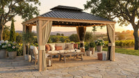 12 Ft. X 16 Ft. Double Roof Hardtop Wood Grain Aluminum Patio Gazebo with Netting and Khaki Curtains — Lifestyle